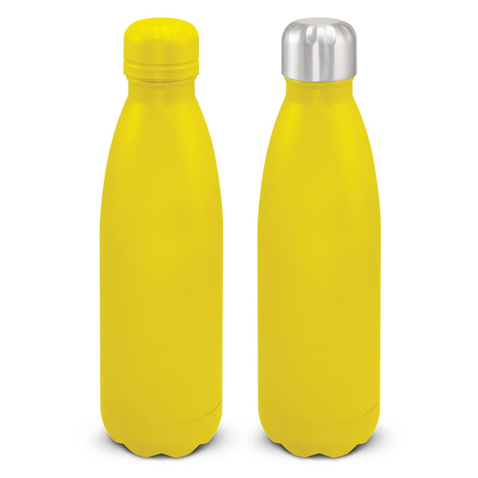 A drink bottle with a bright yellow powder-coated exterior and a shiny silver lid, featuring a logo.