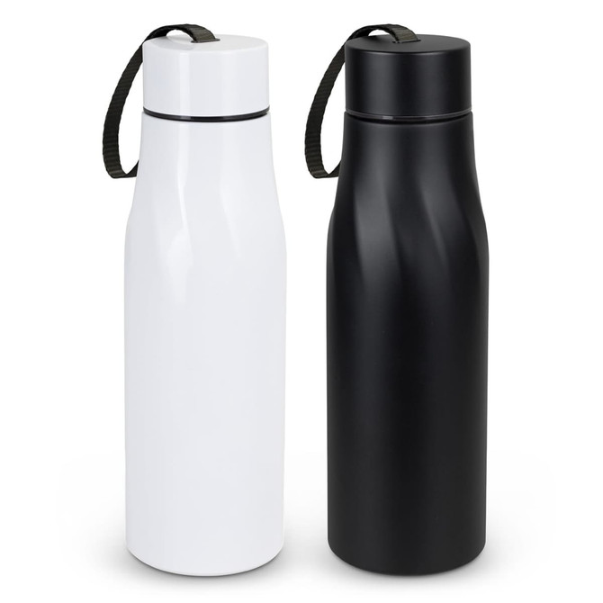 A drink bottle set featuring a sleek black and white design, each with a carry strap and a logo.