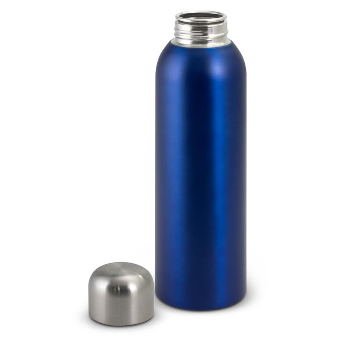 A drink bottle in a vibrant blue colour with a stainless steel cap, featuring a sleek, matte finish.