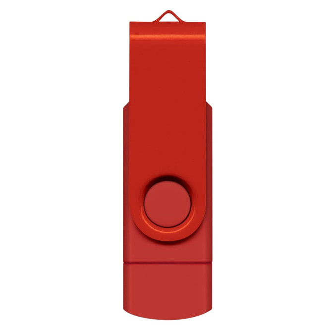 A red dual flash drive with a swivel design and a single attachment loop.