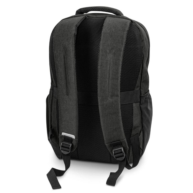 A dark grey backpack with padded straps and a textured back, featuring a logo on one side.