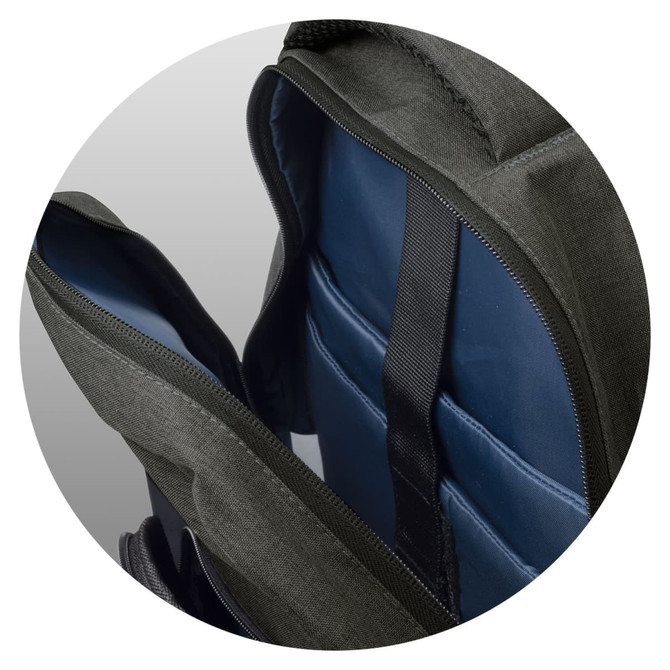 A grey backpack with blue interior compartments and padded sections. It features a logo.