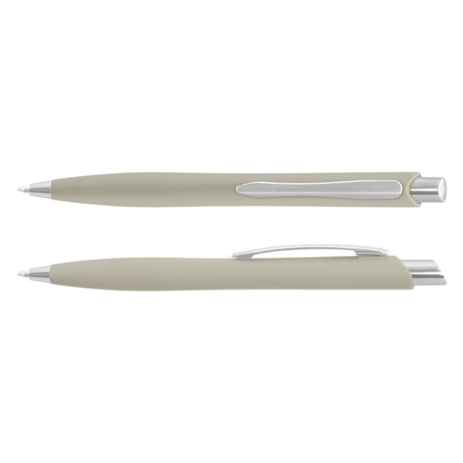 A plastic pen in a muted green colour with a silver clip and tip, featuring a simple design and a logo.
