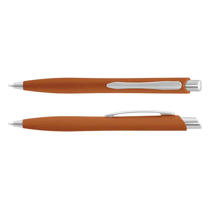 Two brown plastic pens displayed, featuring silver accents and clips, with a sleek design.