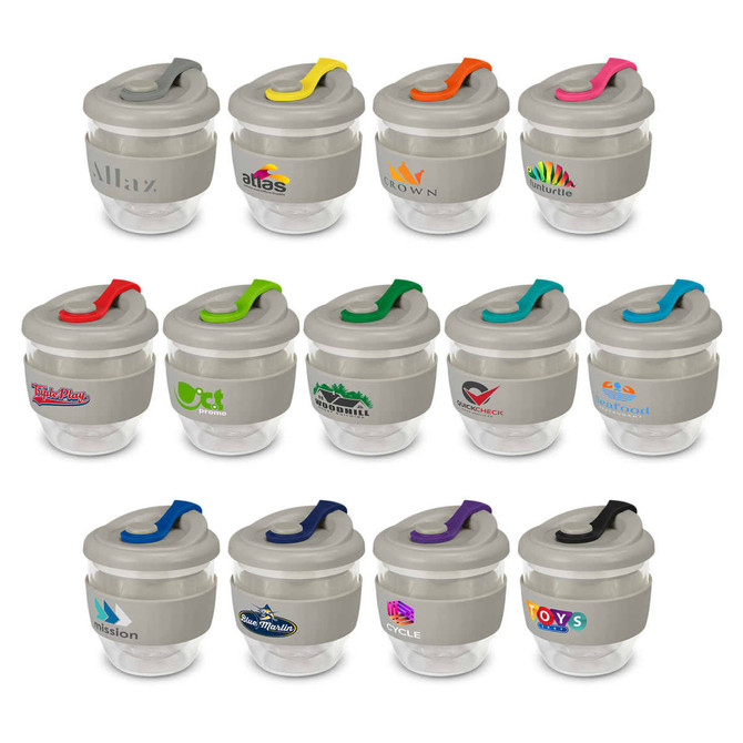 A drink bottle collection featuring the Valencia Cup in various colours with grey lids and hooks, each with logos.
