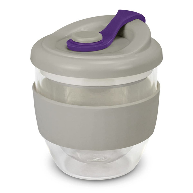 A drink bottle featuring a grey and clear design with a purple lid and a silicone grip. It has a logo present.