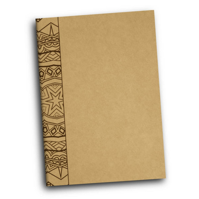 A brown notebook featuring a decorative patterned spine, perfect for jotting down notes or ideas.