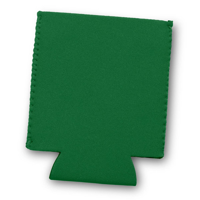 A green stubby cooler with a flat design and a base for beverage bottles. It features a stitched edge and has a logo.