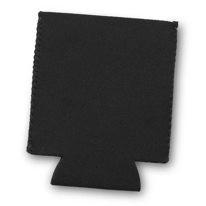 A black stubby cooler with a stitched design and a tab for easy grip. It features a logo on one side.