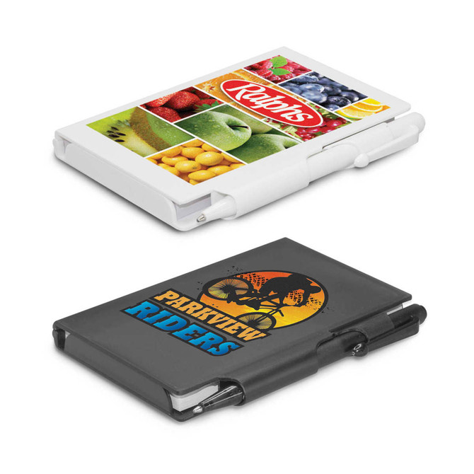 Two notebook designs side by side, one featuring a colourful fruit collage and the other with a black cover displaying a logo and illustration.