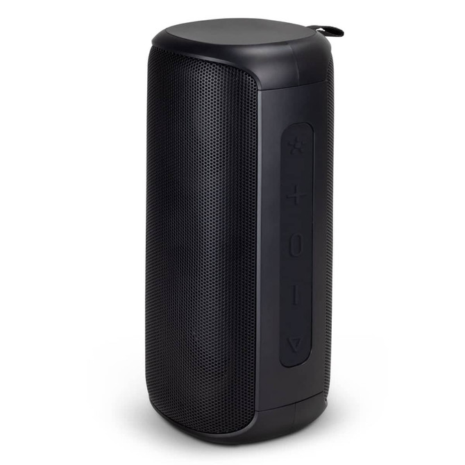 A black outdoor Bluetooth speaker with a textured surface and buttons on the side for volume and connection controls.