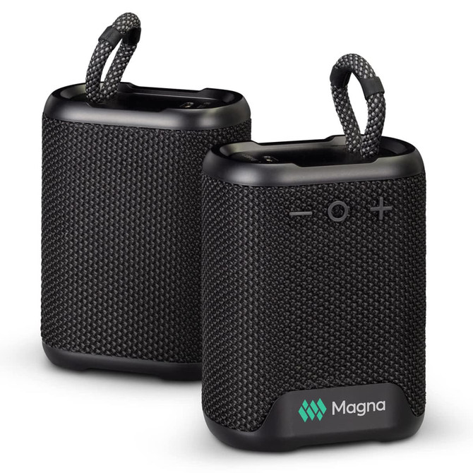 A pair of black outdoor Bluetooth speakers with a textured surface and attached loops, featuring a logo on the front.