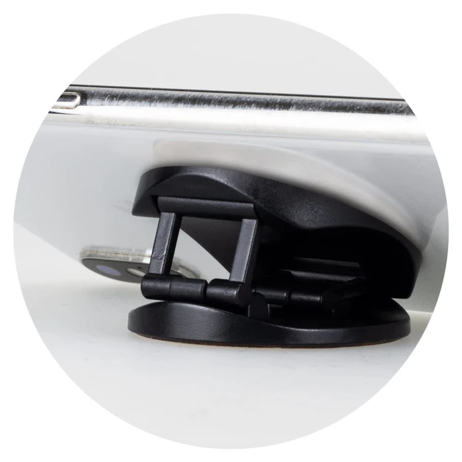 A black phone holder with a sturdy base, designed to support a smartphone.