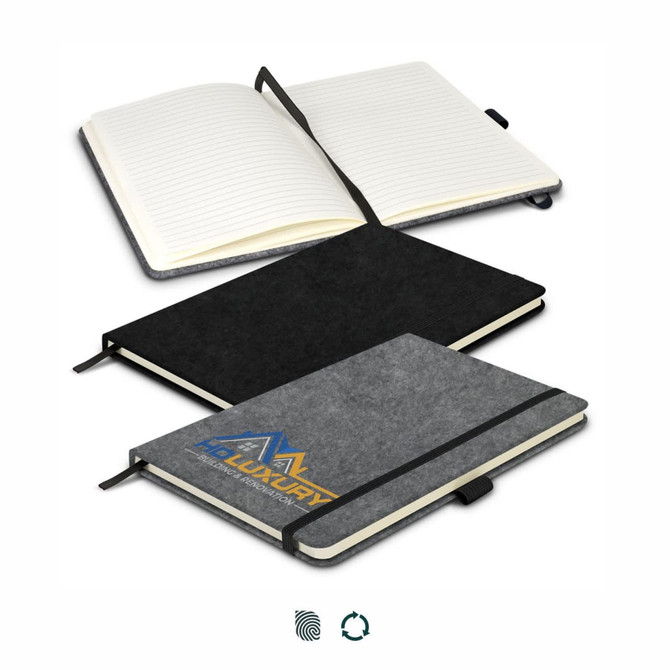 A grey felt hard cover notebook with an elastic band, featuring an open and closed view. It has a logo on the cover.