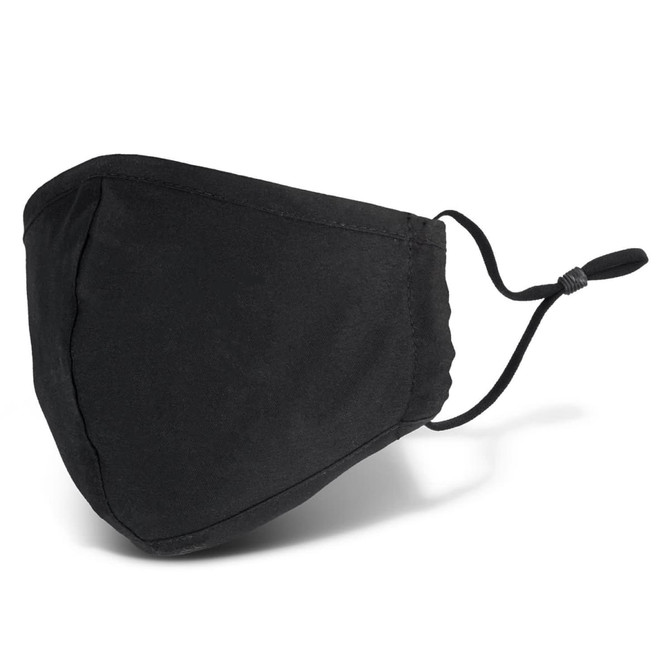 A black Luxe Face Mask with adjustable ear loops and a subtle logo.