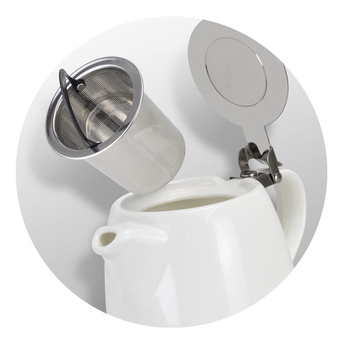 A white Chai teapot with a stainless steel infuser and a lid, all displayed against a circular background.