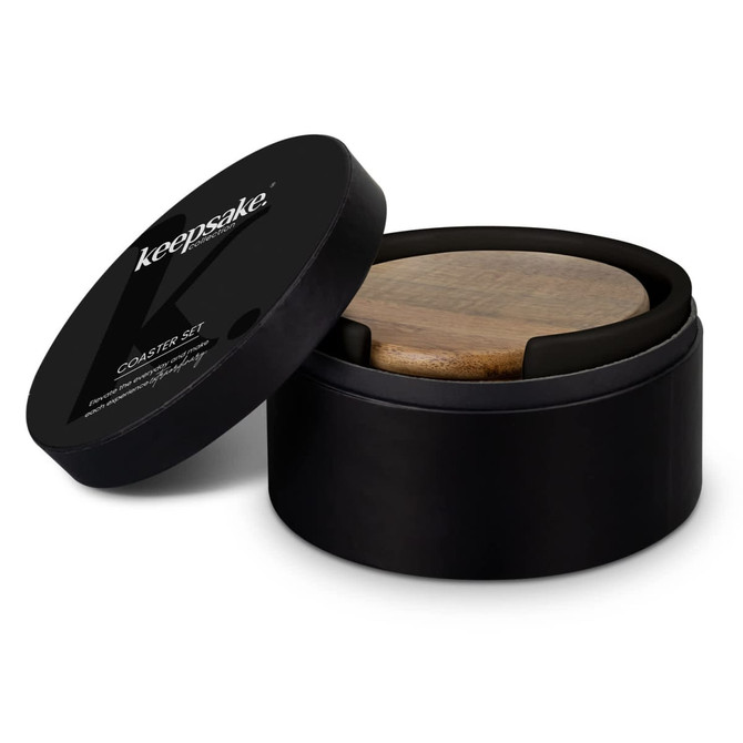 A round black container with a wooden coaster inside, featuring a lid with a logo.