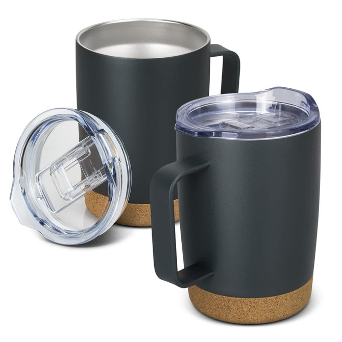 A drink bottle with a dark green exterior and a cork base, accompanied by a clear lid.