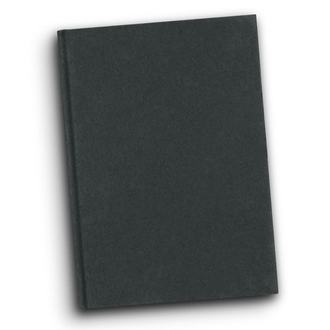 A recycled cotton hard cover notebook in a dark green colour, featuring a smooth, textured surface and a subtle branding logo.
