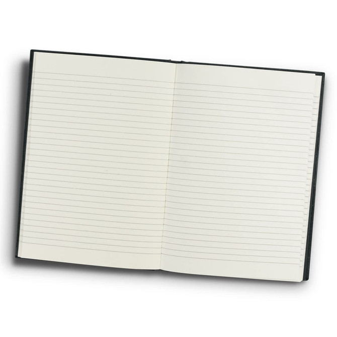 A recycled cotton hard cover notebook in dark green, open to reveal lined pages. It features a branding logo.