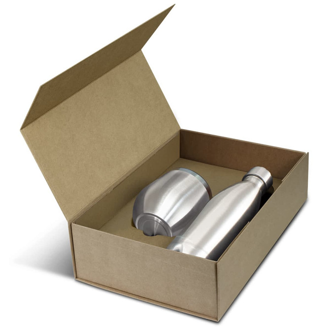 A silver drink bottle and a silver tumbler in a brown cardboard box, featuring an interior insert.