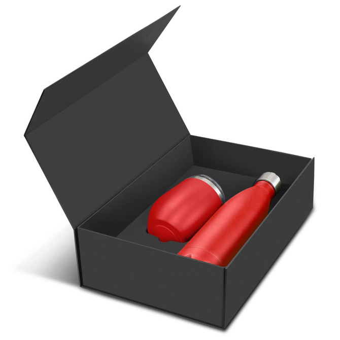 A red drink bottle and a red coffee cup in a black gift box with a lid partially open.