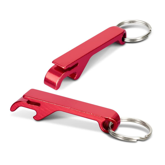 A red metal bottle opener key ring designed for convenience. Features a sleek, minimalistic shape and includes a key ring.