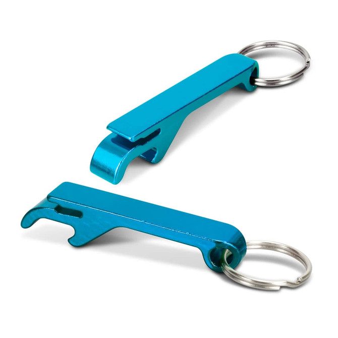 A drink bottle opener key ring in bright blue metal, featuring a sleek design and a keyring attachment.