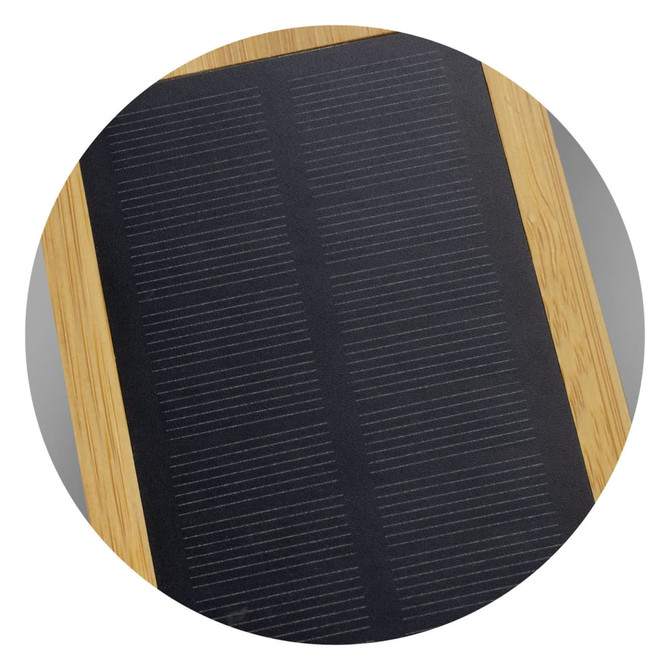 A bamboo solar power bank featuring a black solar panel surface and a natural bamboo frame.