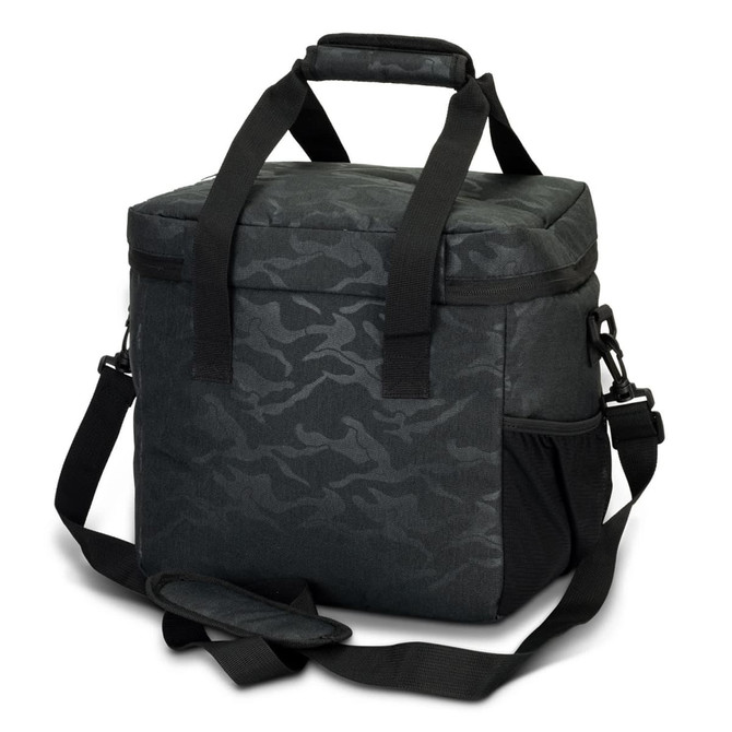 A black cooler bag with an urban camo pattern, featuring two sturdy handles and a detachable shoulder strap.