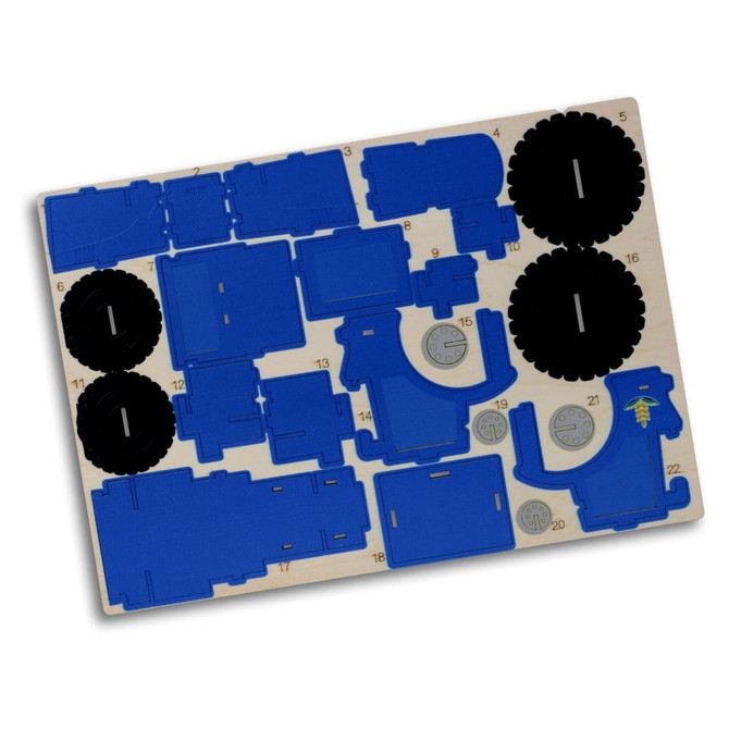 A blue wooden model kit of a tractor with black wheels, featuring various pieces for assembly.