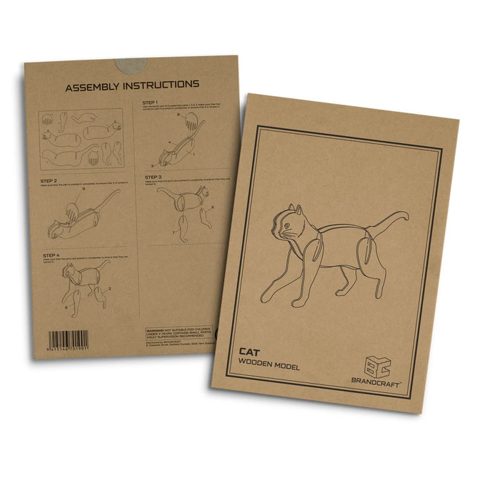 An illustrated assembly guide and packaging for a cat wooden model, featuring a minimalist design in brown.