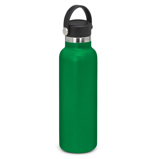 A drink bottle in vibrant green with a carry lid and a stainless steel band near the top. It features branding.