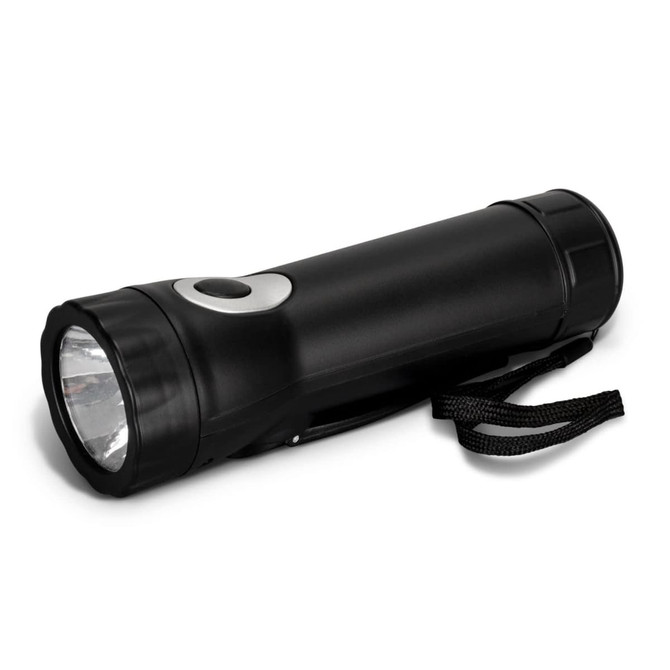 A black rechargeable torch with a strap and a silver button, featuring a bright light at one end.