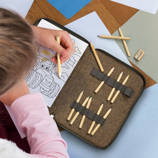 A portable drawing set featuring a variety of coloured pencils stored in a zipped case alongside colouring sheets.