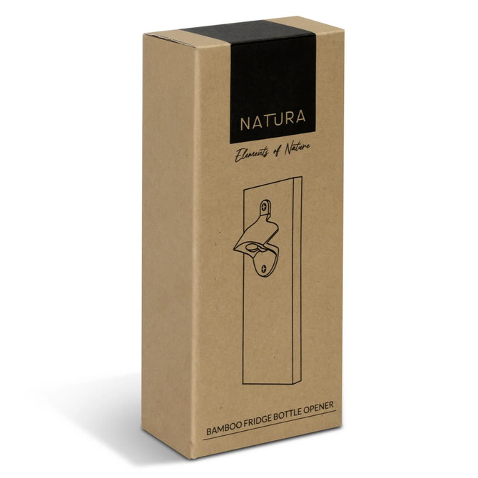 A sleek, natural bamboo fridge bottle opener in a simple, eco-friendly packaging with a logo.