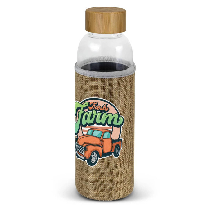 A drink bottle with a clear body, bamboo lid, and a natural fabric sleeve featuring a truck design.