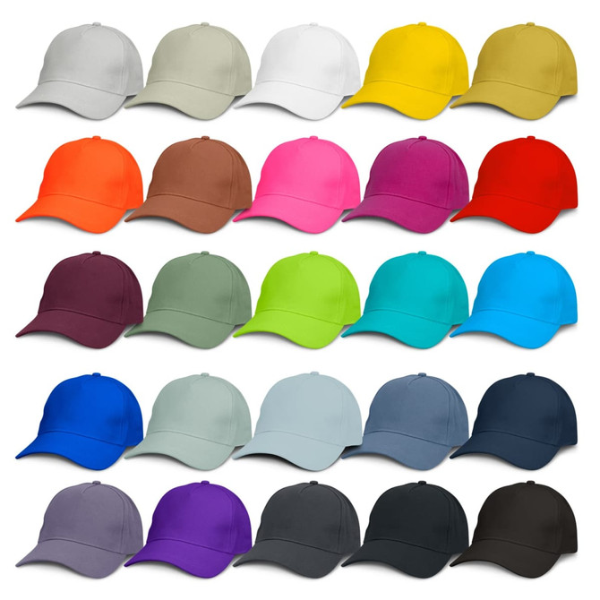 A variety of caps in multiple colours, including white, yellow, orange, pink, brown, purple, and more, featuring branding.