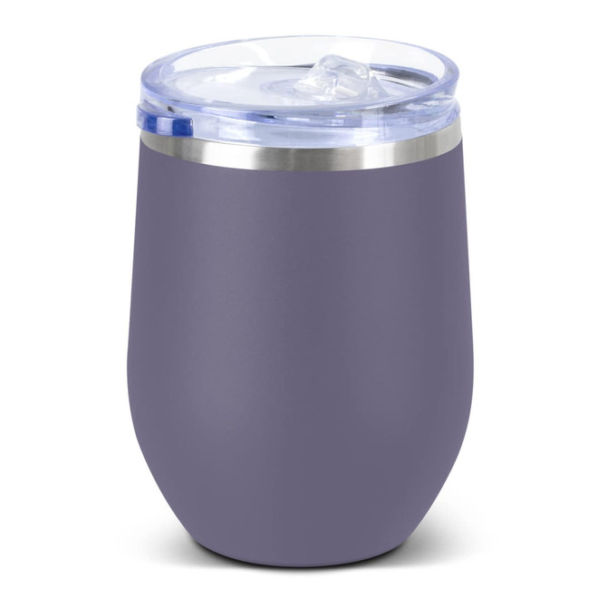 A drink bottle in a grey ceramic finish with a clear lid and straw, featuring a logo on the side.