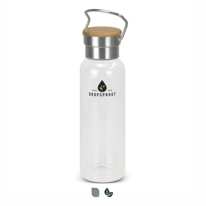 A drink bottle with a clear glass body, stainless steel lid, and a wooden top, featuring a logo.