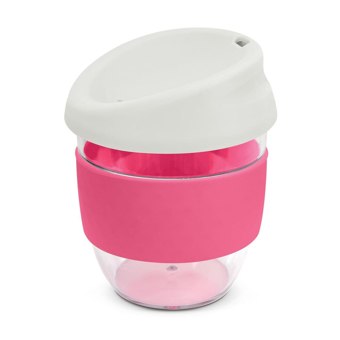 A drink bottle made of Tritan, featuring a clear body with a pink silicone sleeve and a white lid. It has a logo.