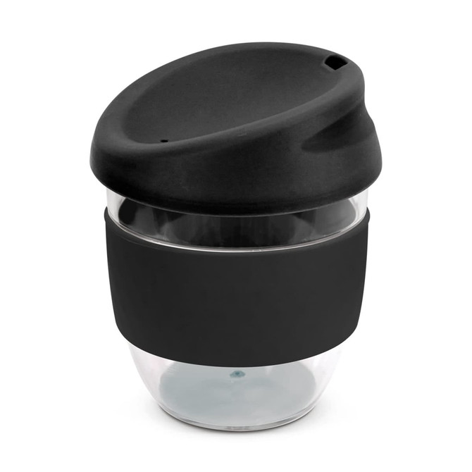 A drink bottle with a transparent base, black silicone sleeve, and a black lid. It features a logo on the sleeve.