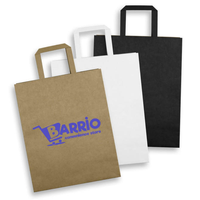 A large flat handle paper bag in brown, white, and black with a logo on the front.