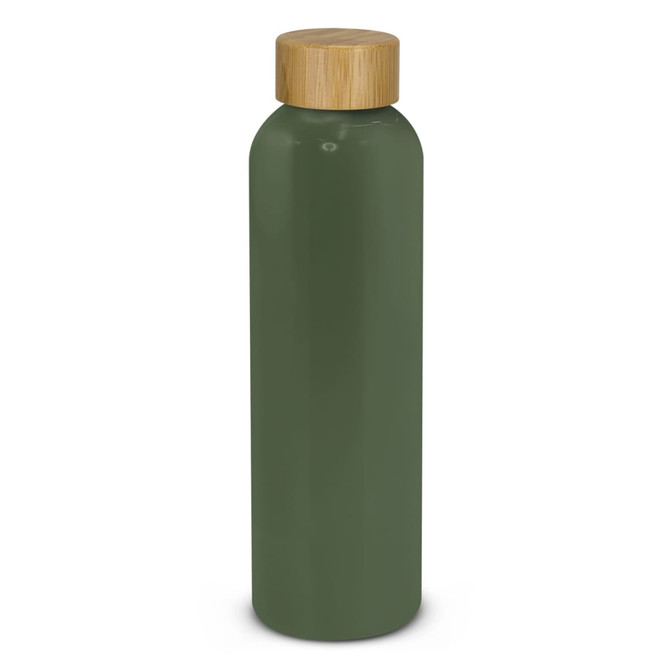 A drink bottle in dark green with a bamboo lid. It has a sleek, minimalist design and a logo.