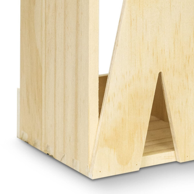 A wooden wine crate with a natural finish, featuring a sturdy design and a logo present on the side.