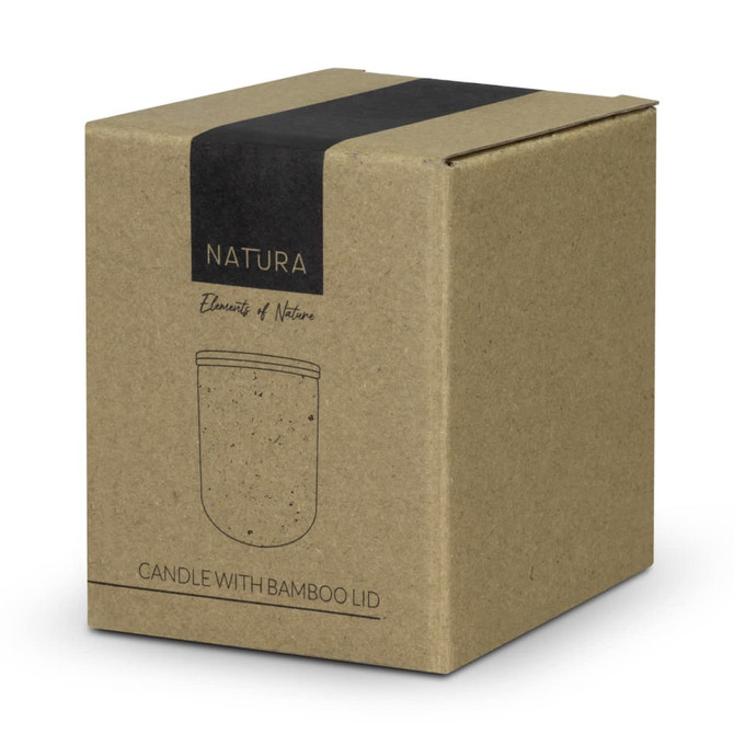 A natural-toned candle with a bamboo lid, presented in an eco-friendly brown box. Features simple branding.