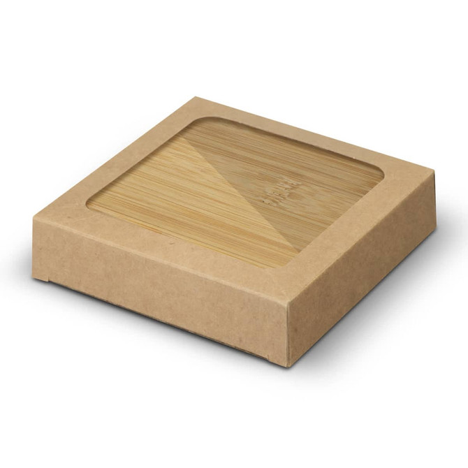 A drink bottle opener coaster set of two in bamboo, presented in a square cardboard box. Features a logo.