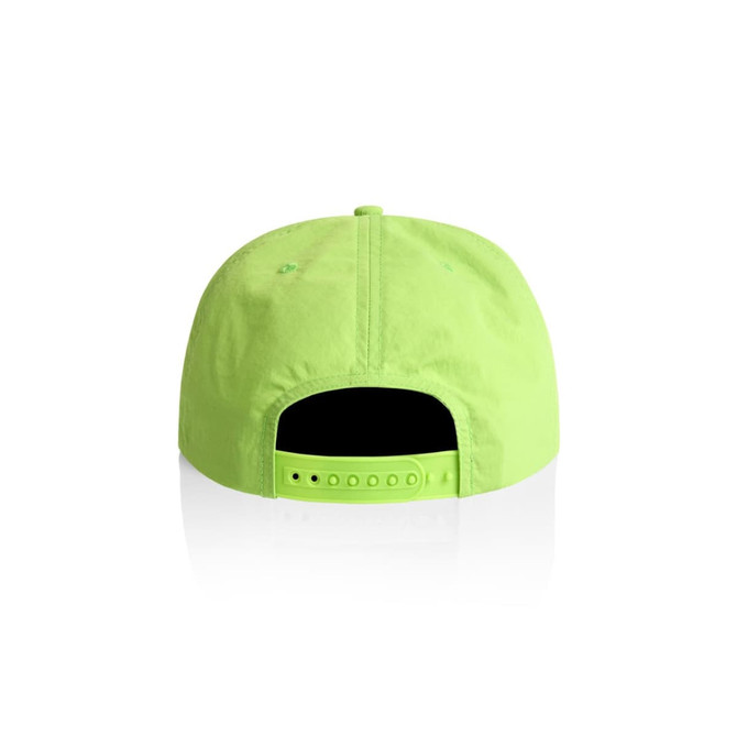 A bright green cap with an adjustable strap at the back and a logo on the side.