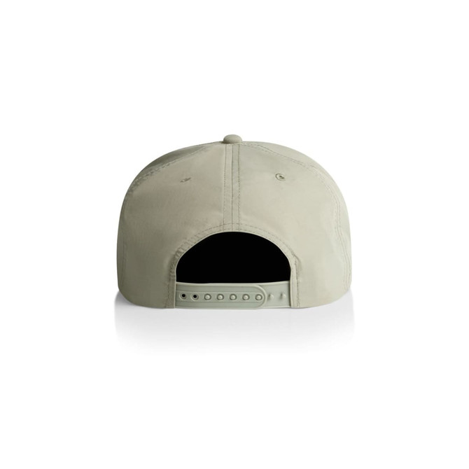 A light green cap with a logo on the back and an adjustable strap, showcasing a simple design.