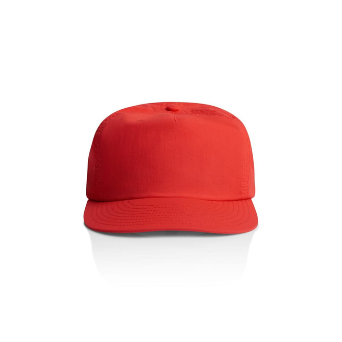 A red cap with a structured design and a curved brim, featuring a logo on the front.